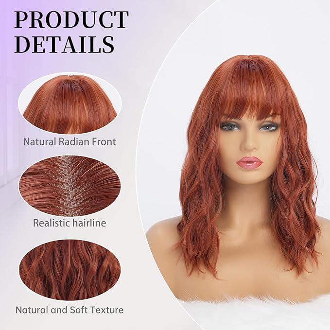 Copper Red Wigs with Bangs for Women Synthetic 16 inch Medium Length Wigs with Natural Long Wavy Fringe Bang wig Heat Resistant Hair for Daily Party Use (Copper)