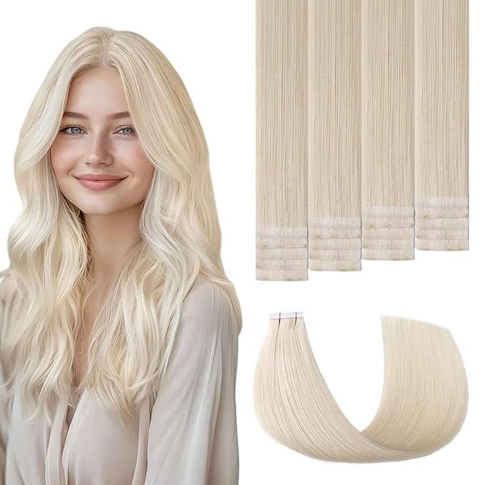 3rd-Generation Invisible Tape in Hair Extensions Real Human Hair #60 Platinum Blonde 20pcs 45g 20inch Seamless Injection Hand-Tied Invisi Edge Tape ins Extensions（#60-20inch）