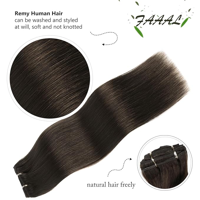 22" Clip in Human Hair Extensions Full Head 200g 10 Pieces 22 Clips 2# Dark Brown Double Weft Brazilian Real Remy Hair Extensions Thick Silky Straight (22" 200g, Dark Brown)