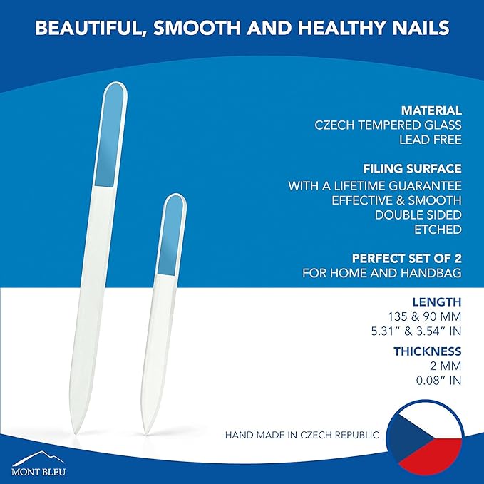 Mont Bleu Premium Set of 2 Crystal Nail Files Hand Decorated with Crystals - in Black Velvet Sleeve - Genuine Czech Tempered Glass - Best Glass Nail Files Kit for Natural Nails