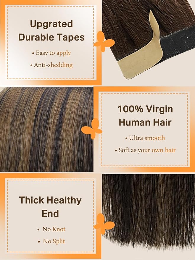 DOORES 22 Inch Human Hair Extensions Balayage Natural Black to Chestnut Brown Real Tape in Hair Extensions Seamless Straight Tape in Hair Extensions 50g 20pcs