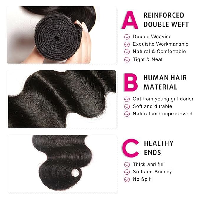 Body Wave Bundles Human Hair 18 20 22 Inch Unprocessed Brazilian Virgin Hair Weave Human Hair 3 Bundles 12A Natural Black Color Body Wave Hair Extensions