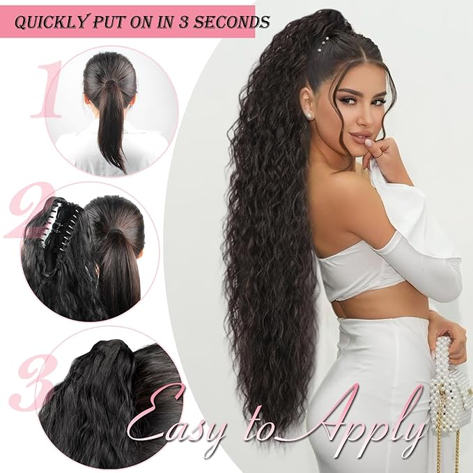 ENBEAUTIFUL 30" Claw Clip Ponytail Extension Long Wavy Ponytail Extension Synthetic Pony Tails Hair Extensions Clip in Hair pieces Fluffy Natural Looking for Women Black Brown