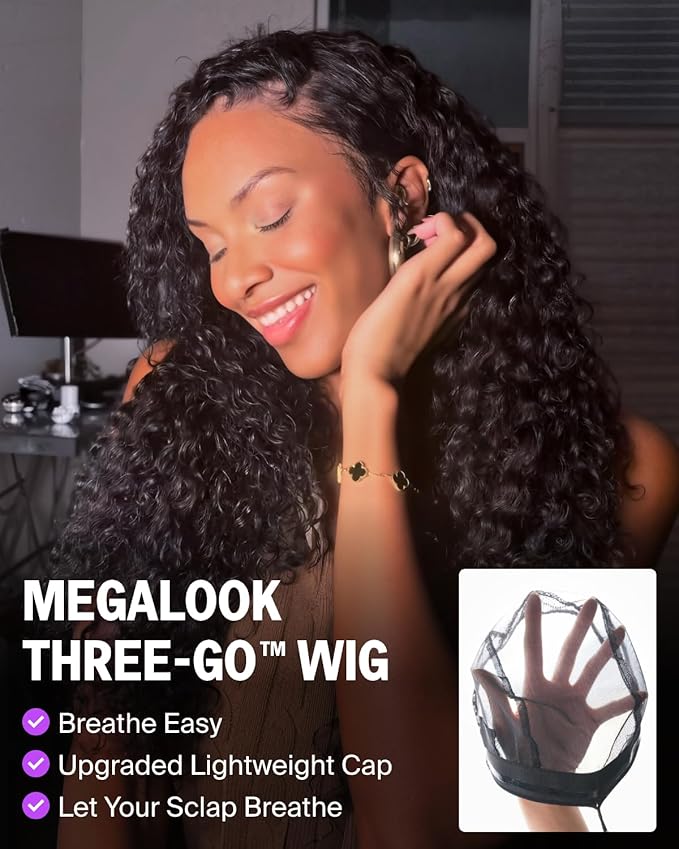 Glueless Wigs Human Hair Pre Plucked Pre Cut 13x6 Three-Go™ Glueless Burmese Curly Human Hair Wig Pre Bleached Deep Wave Lace Front Drawstring Wig 220% Density 22 Inch