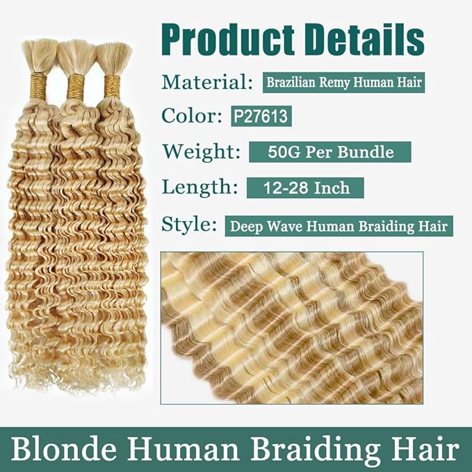 18 inch Blonde Human Braiding Hair 150g Honey Blonde Deep Wave Bulk Human Hair for Braiding No Weft 3 Braids Per Pack 27 Mixed With 613 Color