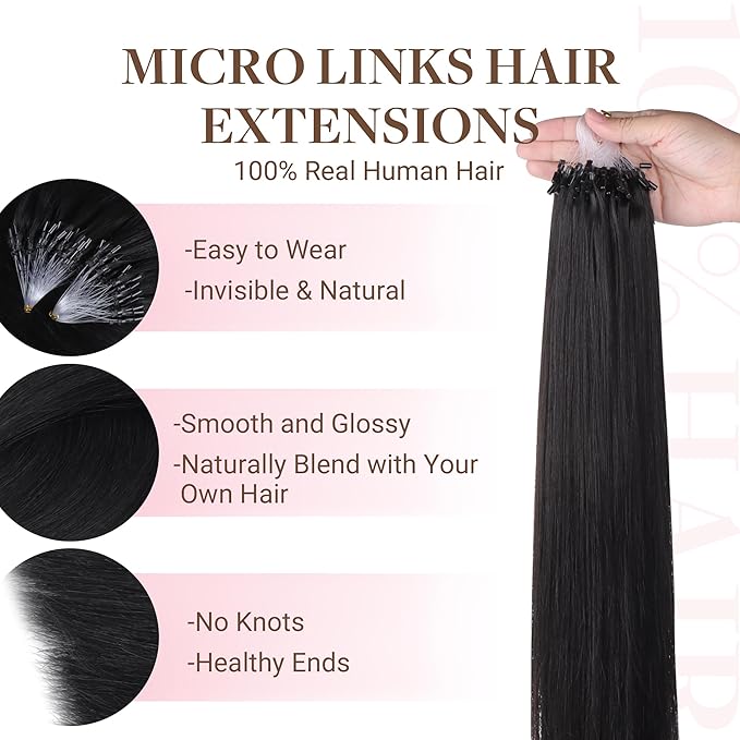 GOO GOO Micro Link Hair Extensions Real Human Hair, Upgraded 100g 100S, 24 Inch Cold Fusion Microlinks, Invisible Remy Hair, Jet Black
