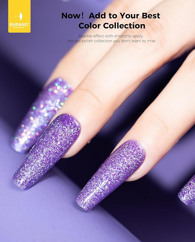 BURANO Glitter Gel Nail Polish - LED UV Curing Holographic Effect Sparkle Gel - Purple LP26