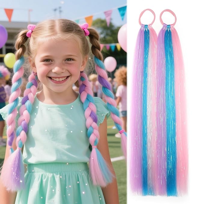 Colored Hair Extensions Blue Pink Purple Ponytail Extension Colorful 2 Packs, 20 inch Crazy Hair Day Accessories for Women, DIY Festival Wacky Rave Braids,Tinsel Mixed
