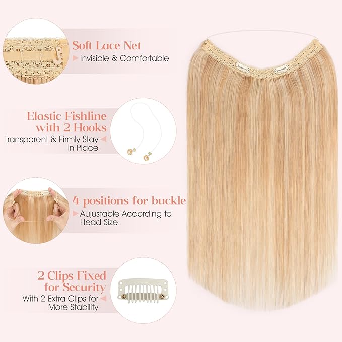 Hairro Wire Hair Extensions Human Hair, Fish Line Invisible Adjustable & Clips in Extensions Straight, 100% Real Hairpieces Seamless Blending for Women, 14 Inch 70g Ash Blonde Mix Bleach Blonde