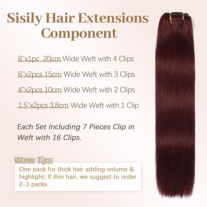 Sisily Clip in Hair Extensions Real Human Hair, Premium Human Hair Clip in Extensions Burgundy Red, Soft Straight Hair Extensions Real Human Hair Clip ins 7PCS Double Weft（18 Inch）