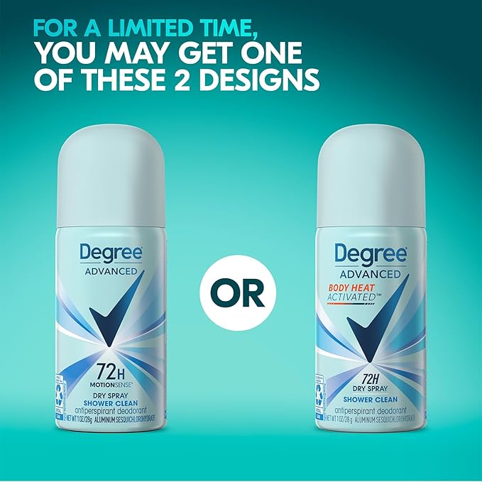 Degree Women’s Travel Deodorant Antiperspirant 6-Pack – Body Heat Activated 72H Protection Mini Dry Sprays, Shower Clean Scent, 1 Oz Ea