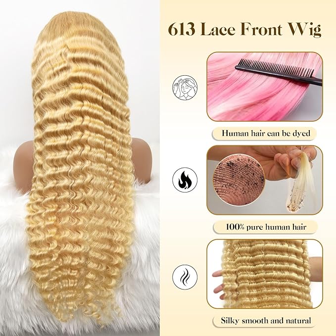 613 Lace Front Wig Human Hair 13x6 Transparent Lace Deep Wave 180 Density Free Part Blonde HD Lace Frontal Wig for Women 28 Inch (13x6 613 Deep Wave Wig, 42 Inch)