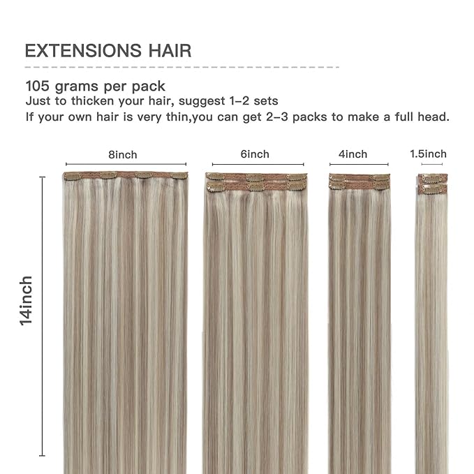 Ash Blonde Clip in Human Hair Extensions - Mix Bleach Blonde Highlights, Natural Remy Hair for Women, Real Human Hair Lace Weft, Straight, 7pcs, 105g, 14 Inch