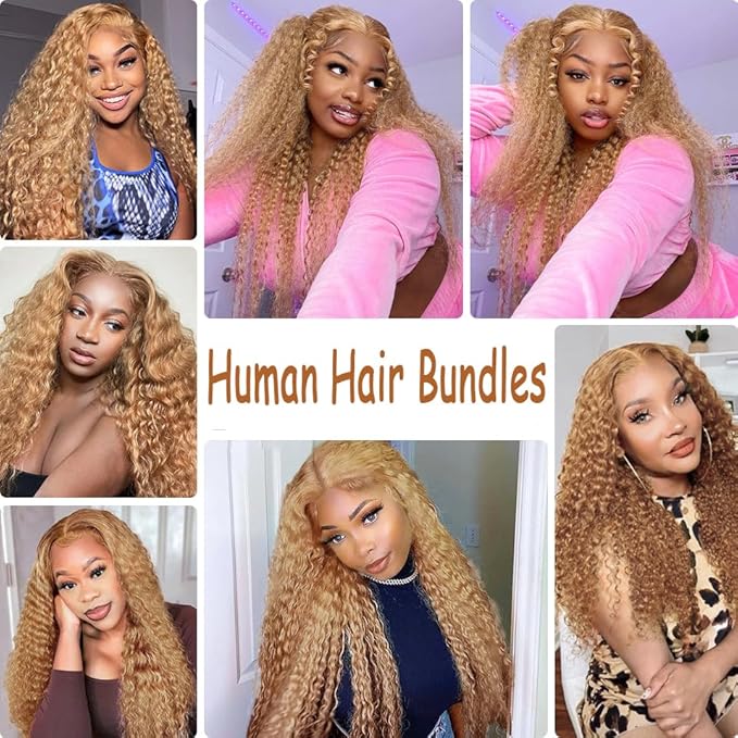 18 20 22 Inch Blonde Bundles Human Hair #27 Honey Blonde Deep Wave 3 Bundle Unprocessed Brazilian virgin hair Weave Extensions Double Weft 50 Grams/Bundle Colored Blonde Bundles for Woman