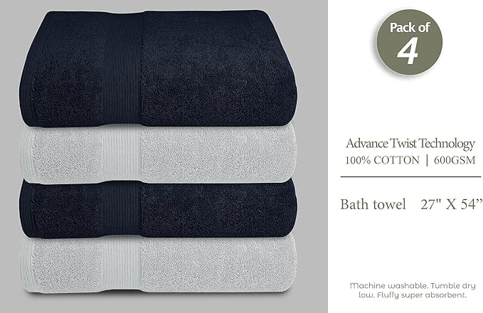 Softolle Luxury Bath Towels Set of 4 (27” x 54”) | Towels for Bathroom | Super Soft | Highly Absorbent Towels for Home, Spa, Gym (Silver Grey-Navy Blue)