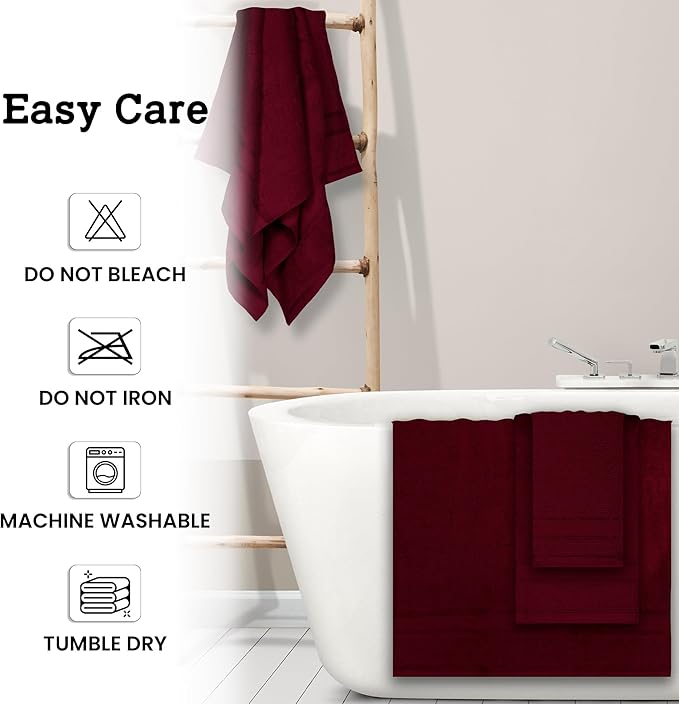 Casa Lino Bath Towel Set of 8 (2 Bath Towels, 4 Wash Cloths & 2 Hand Towels for Bathroom) - 100% Cotton - Highly Absorbent & Quick Dry - Guest Room Essentials for Bathroom Set - (Burgundy)