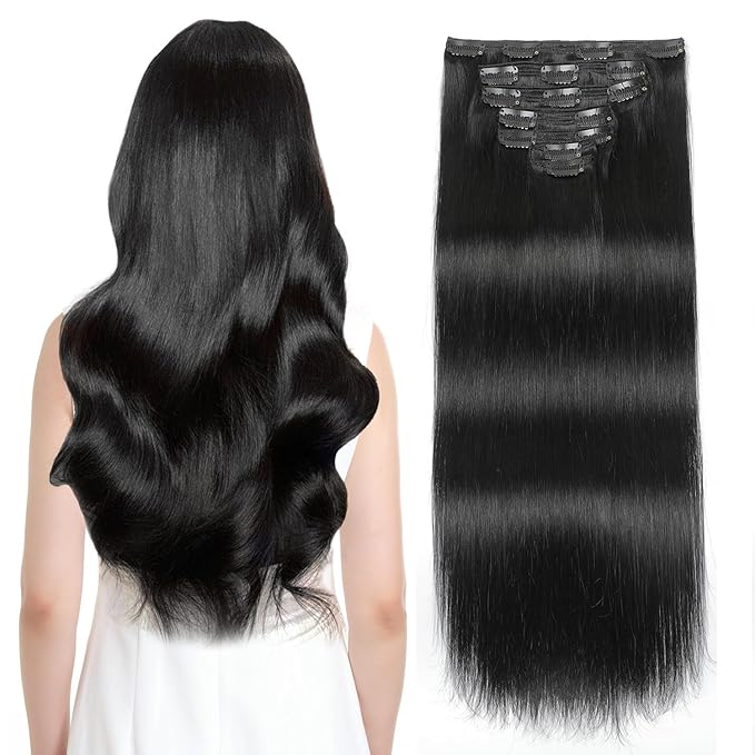 Sisily Clip in Hair Extensions Real Human Hair, 16 inch 140g, Jet Black, 100% Brazilian Remy Human Hair Clip in Extensions Soft Straight 7pcs Per Set with 16 Clips Double Weft