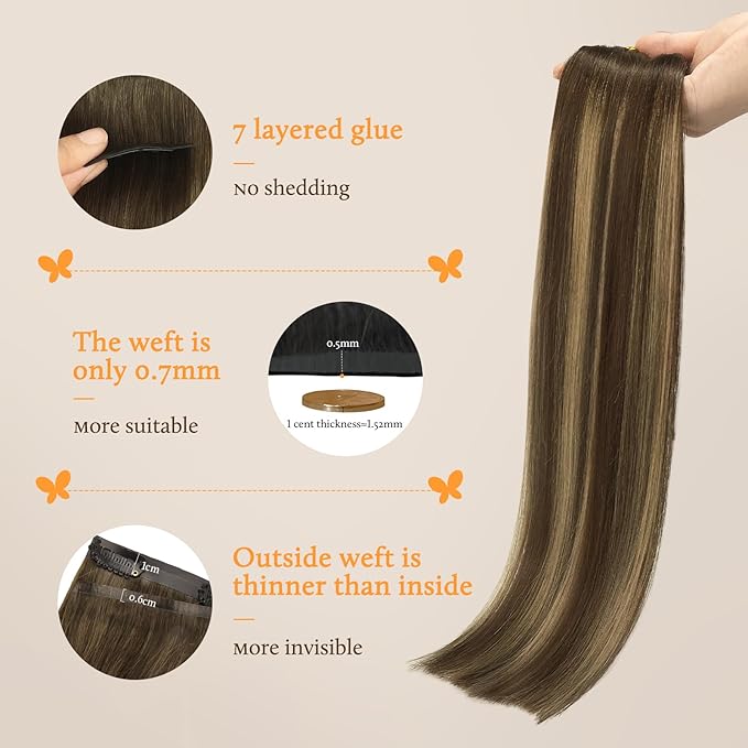 DOORES Seamless Clip in Hair Extensions Real Human Hair, Chocolate Brown to Caramel Blonde 18 Inch 110g 7pcs, Extensions Skin Weft Remy Straight Invisi Edge Weft