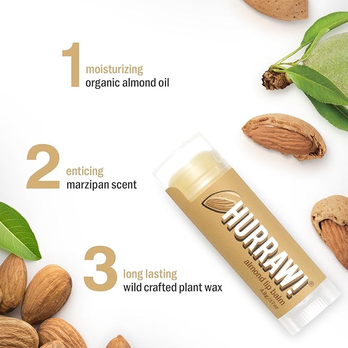 Hurraw! Almond Lip Balm, 2 Pack: Organic, Certified Vegan, Cruelty and Gluten Free. Non-GMO, 100% Natural Ingredients. Bee, Shea, Soy and Palm Free. Made in USA