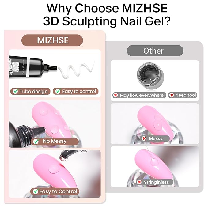 MIZHSE 3D Gel Nail Art, Sculpting Gel Glue 15g for Molding, Drawing, Charms & Gems, Chrome Powder, Rhinestone Design, Clear No Wipe Nail Polish for DIY Winter Christmas Nail Art, Lamp Curing Needed