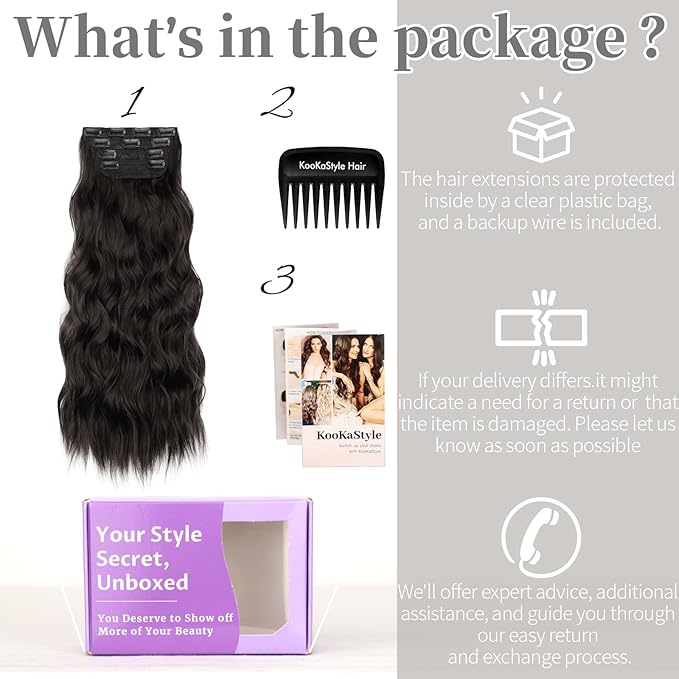 KooKaStyle Clip in Synthetic Hair Extensions Long Wavy 4PCS Thick Hairpieces Dark Brown 6# Fiber Double Weft Natural Hair Extensions 24 Inch for Women