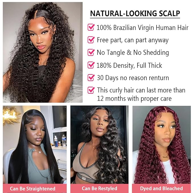 Dianthe 28 Inch Deep Wave Lace Front Wigs Human Hair Pre Plucked Glueless 13x6 HD Lace Curly Human Hair Wig 180% Density Wet and Wavy Frontal Wigs for Women with Baby Hairline