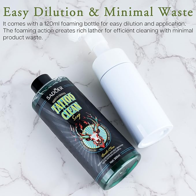 Ultra-Concentrated Tattoo Green Soap 10oz with Foaming Bottle 120ml, Clean Skin Equipment,1:10 Dilution Tattoo Soap Supplies for Tattoos Piercings