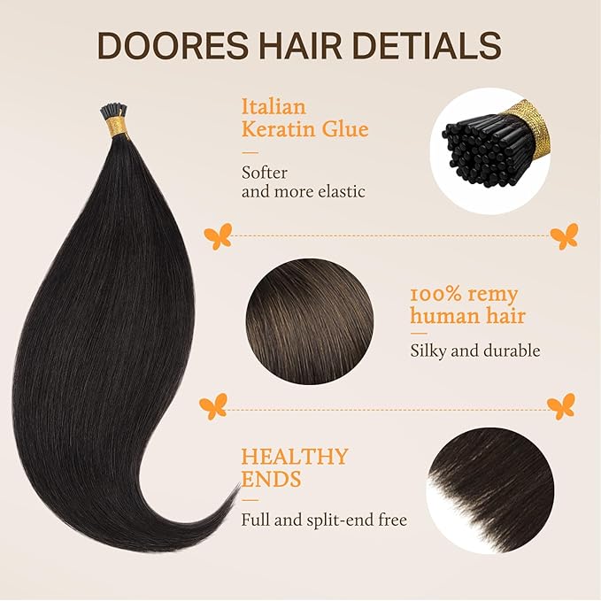 DOORES I Tip Hair Extensions, Dark Brown 50g/100s 14 Inch, I Tips Hair Extensions Human Hair Real Hair Extensions Invisible I Tips Extensions Cold Fusion Hair Extensions Straight Natural Hair