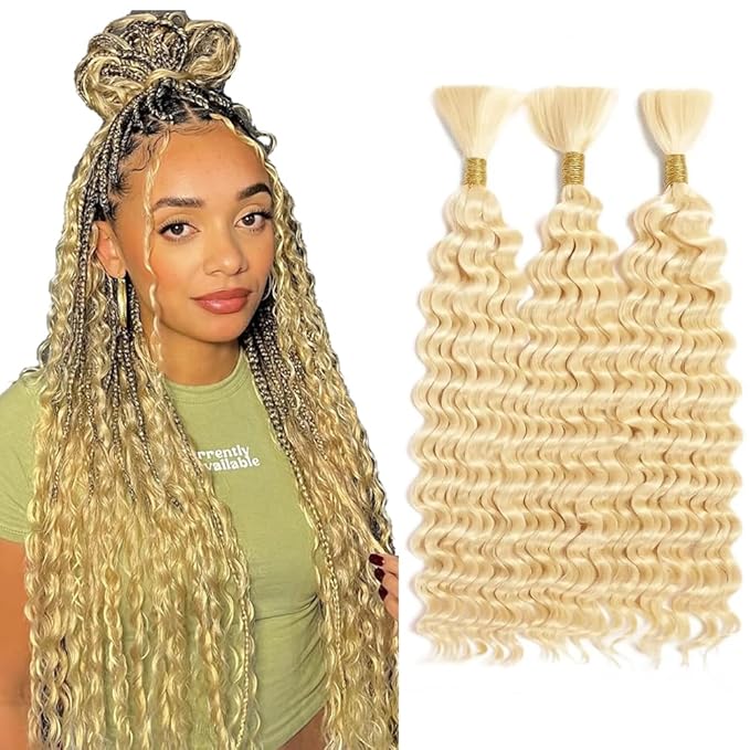 34 34 34 Inch Human Braiding Hair 613 Blonde Deep Wave Bulk No Weft Bundles Hair Extensions for Boho Knotless Wet and Wavy Braids 150g