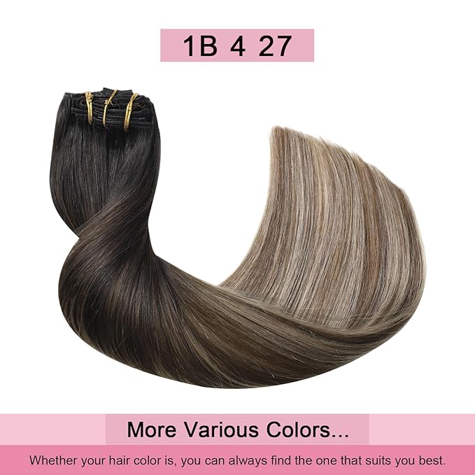 Pro2.0 Remy Clip in Extensions Real Human Hair #1b/4/27 Natural Black to Chocolate Brown and Caramel Blonde Clip in Hair Extensions Real Human Hair 18inch 120g Thick 7pcs（#1b/4/27-18inch）