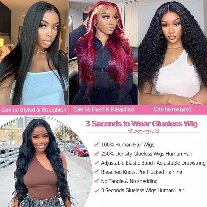 250% Density Glueless Wigs Human Hair Pre Plucked Pre Cut 7x6 Max Parting Hd Lace Closure Wigs With Drawstring Body Wave Human hair Wigs for Beginners 18 Inch