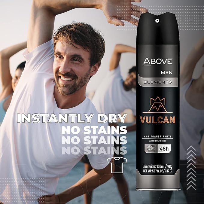 ABOVE Vulcan 48 Hours Antiperspirant Deodorant - Dry Spray for Men - Notes of Sage, Pink Pepper and Basil - Protects Against Sweat and Body Odor - Stain and Cruelty Free - 4 pc