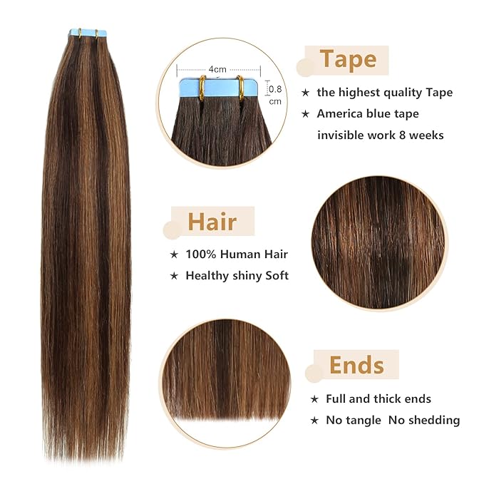 YILITE Tape in Hair Extensions Human Hair Balayage Dark Brown Roots Fading to Dark Brown and Chestnut Brown 50g 20pcs Real Remy Human Tape in Human Hair Extensions Straight 18 inches