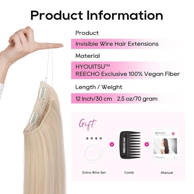 REECHO Invisible Wire Hair Extensions with Thinner Softer Lace Weft 12" Short Straight Clips in Secret Hairpiece for Women 12 Inch (Pack of 1) - Light Blonde