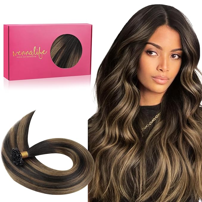 WENNALIFE K Tip Hair Extensions Real Human Hair, 50g 50s 20 Inch Balayage Dark Brown Mixed Chestnut Brown Remy Hair U Tip Invisible Straight Keratin Bond Hot Fusion Hair