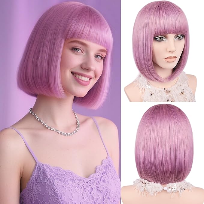 MAYSA Pink Bob Wig with Bangs Short Straight Bob Wig Womens Wigs 12in Cosplay Colorful Party Wigs # Purple Pink