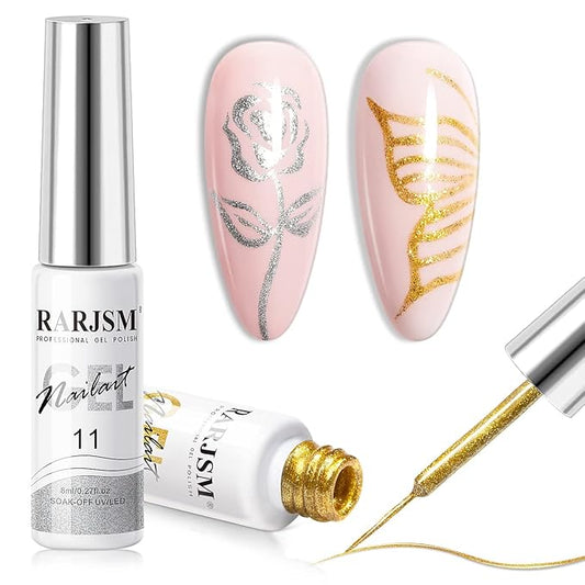 RARJSM Gel Liner Nail Art Silver Gold Glitter Nail Design Polish Painted Gel Nail Polish Set 2Pcs Soak off Curing Requires 8ml Build in Thin Brush for Home Salon Diy Nail Decoration Dotting Painting