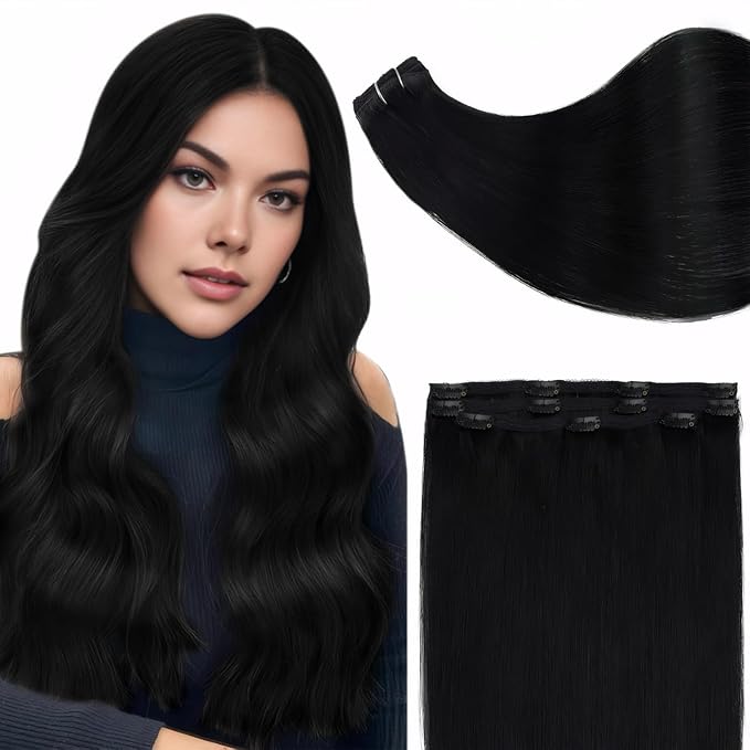 Full Shine Clip in Hair Extensions Black Women 10 Inch Lacer Clip in Hair Extensions Jet Black Real Human Hair Remy Hair Extensions Straight for Thin Hair Natural Hair Extensions 3 Pcs 60 Grams