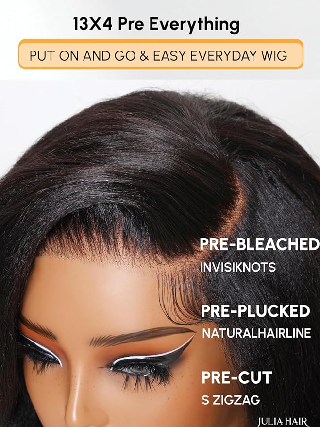 Julia Hair 10 Inch Light Yaki Loose Wave Bob Wig Put On and Go Glueless 13X4 HD Lace Front Short Natural Black Wigs Pre Plucked Pre Cut Lace Bleached Knots with Elastic Drawstring