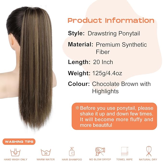 SEIKEA Ponytail Extensions Drawstring Long Straight Fake Pony Tail Natural Soft Clip in Hair Extension Synthetic Heat Resistant Hairpiece 20 Inch Chocolate Brown with Highlights