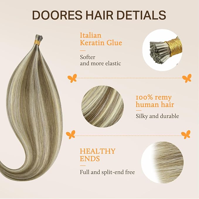 DOORES ITip Human Hair Extensions for Women, Light Brown Highlighted Medium Blonde, 20 Inch Straight Real Hair, Invisible, 50g/50s