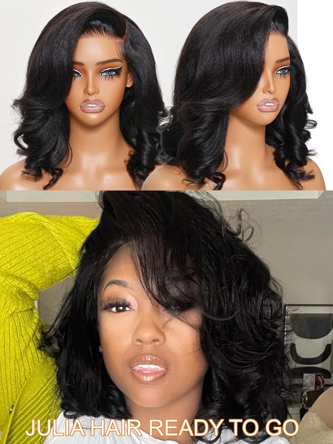 Julia Hair 12 Inch Light Yaki Loose Wave Bob Wig Put On and Go Glueless 13X4 HD Lace Front Short Natural Black Wigs Pre Plucked Pre Cut Lace Bleached Knots with Elastic Drawstring