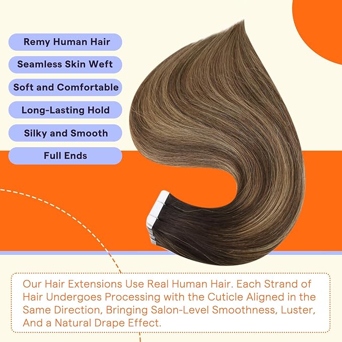 Full Shine Tape in Hair Extensions 20PCS Ombre Color 2 Darkest Brown Fading to 3 and 27 Honey Blonde Double Sided Hair Extensions Real Human Hair Tape in 12 Inch Seamless Skin Weft 30 Grams for Party