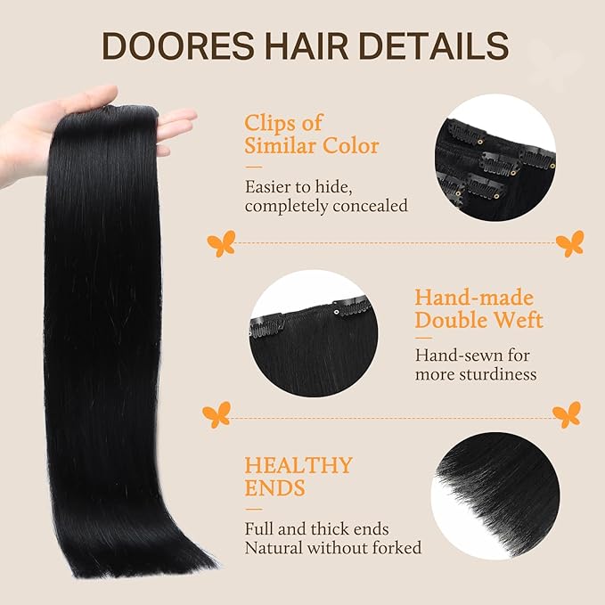 DOORES Hair Extensions Clip in Human Hair, Light Dark Brown 22 Inch 150g 9pcs, Natural Real Extensions Clip in Thick straight Weft