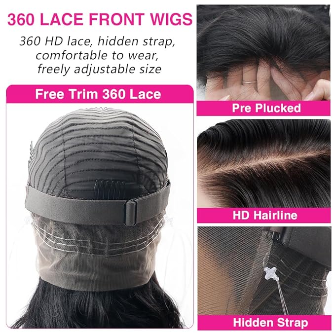 Hidden Strap 360 Deep Wave Lace Front Wigs Human Hair 220% Density 360 Glueless Wigs Human Hair with Drawstring 360 Deep Wave Curly HD Full Lace Front Wigs Human Hair Pre Plucked 30 inch
