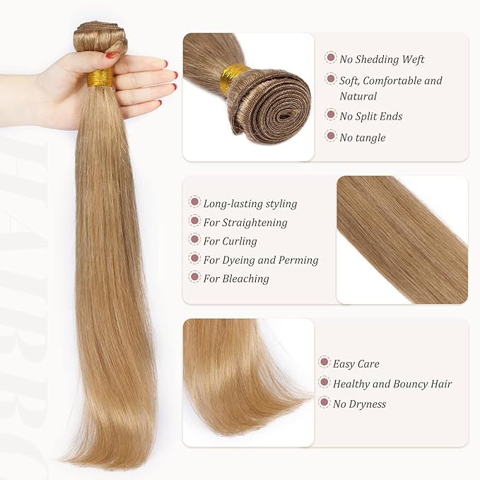 Hairro Sew in Hair Extensions Real Human Hair, 100g/bundle Weave Weft for Women Adding Volume and Length, for DIY Beauty Dating Party, 16 Inch One Bundle Straight Dark Blond