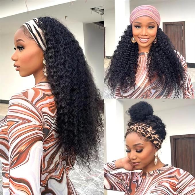 Deep Wave Headband Wig Human Hair 30Inch Glueless Non Lace Front Wig Machine Made Wigs 180% Density Brazilian Wet and Wavy Curly Hair Headband Half Wigs for Women Human Hair Natural Black Color