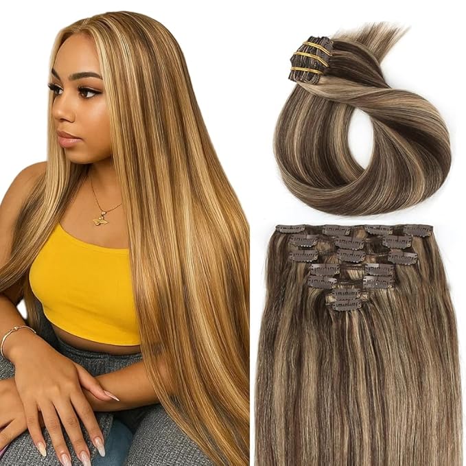 26 Inch P4/27 Blonde Clip in Hair Extensions - Real Remy Human Hair, 120g 7pcs, Highlight Blonde Human Hair Extensions Clip ins for Women