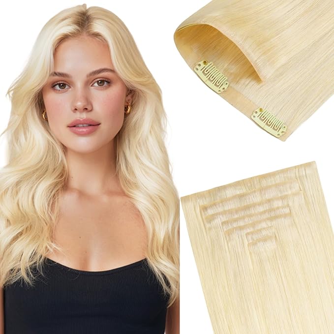 GOO GOO Invisi Edge Clip in Hair Extensions 22inch 160g 7Pcs Injected Seamless PU Clip in Hair Extensions, Virgin Real Human Hair, 60A Platinum Blonde