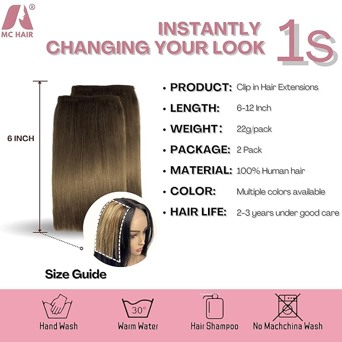 2 Pcs Short Hair Extensions, Real Hair Clip in Extensions Hair Human for Women 12 inch Medium Brown